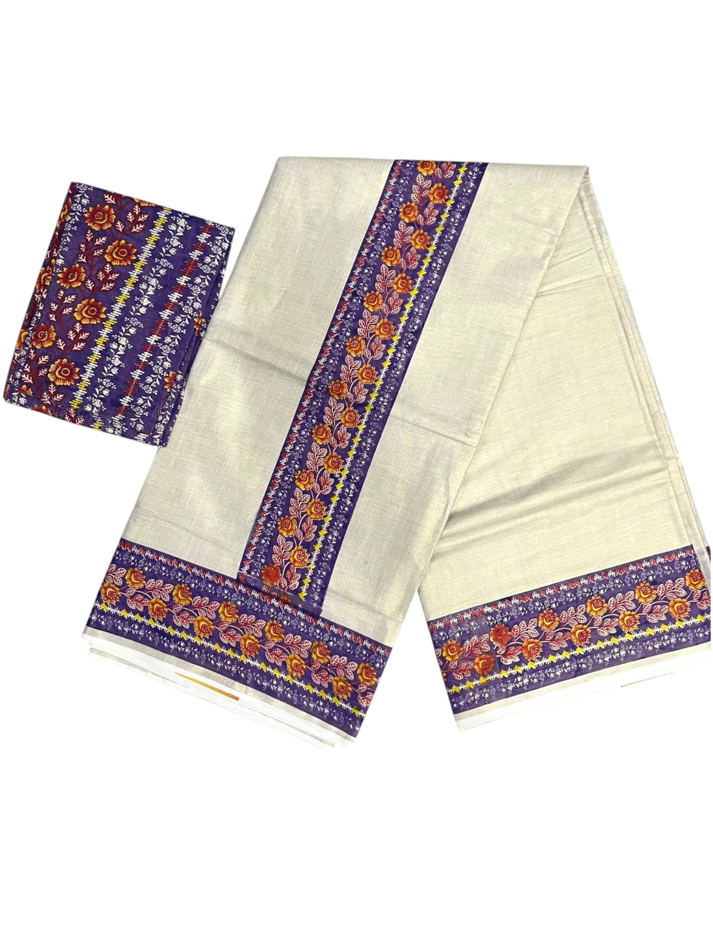 Southloom Kerala Tissue Kasavu Saree with  Voilet Floral Prints On Border