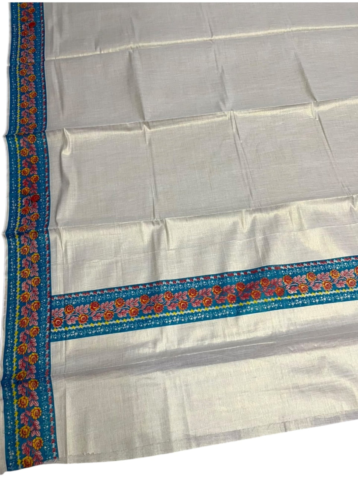Southloom Kerala Tissue Kasavu Saree with Blue Floral Prints On Border