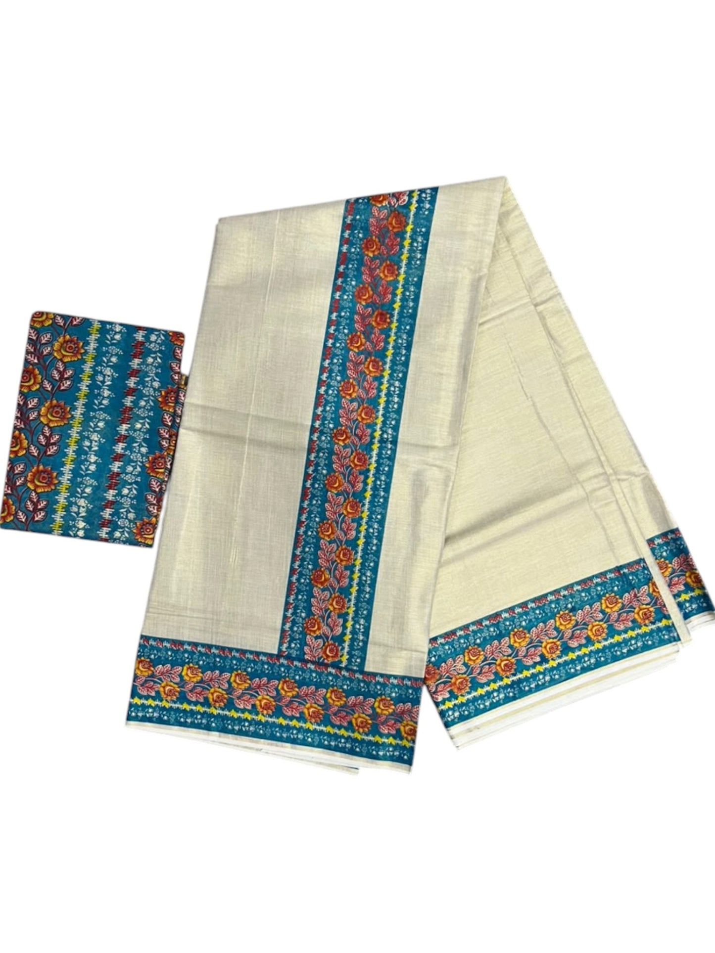 Southloom Kerala Tissue Kasavu Saree with Blue Floral Prints On Border