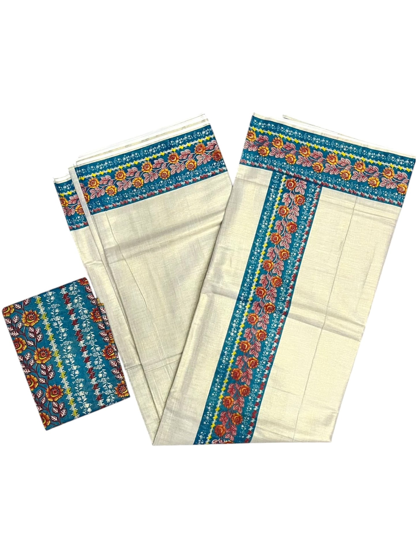 Southloom Kerala Tissue Kasavu Saree with Blue Floral Prints On Border