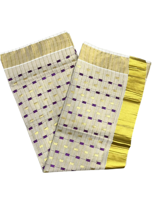 Southloom Tissue Kerala Kasavu Saree with Purple & Gold Embroidery Designs on Body