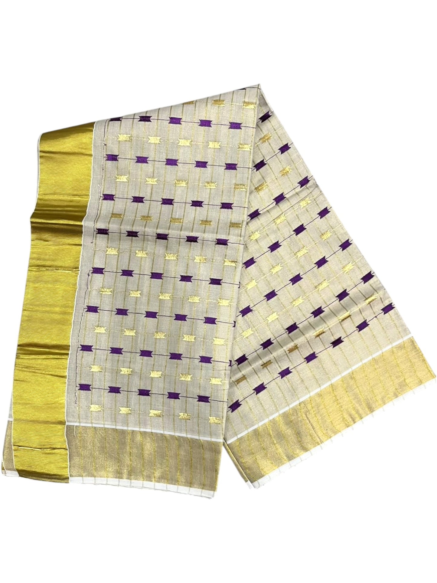 Southloom Tissue Kerala Kasavu Saree with Purple & Gold Embroidery Designs on Body