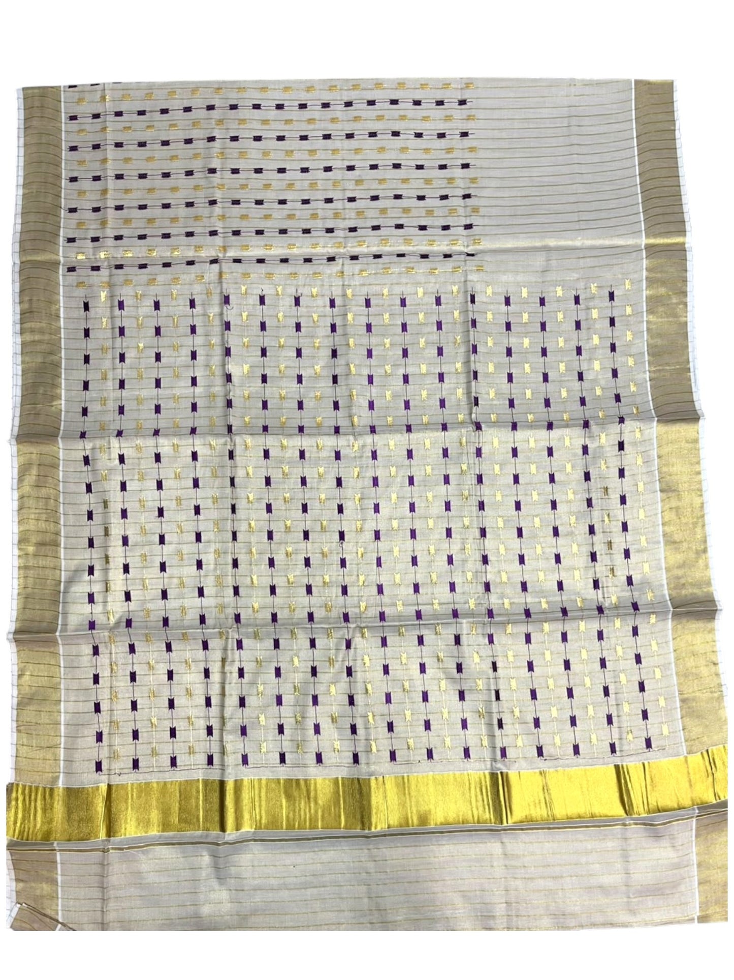 Southloom Tissue Kerala Kasavu Saree with Purple & Gold Embroidery Designs on Body