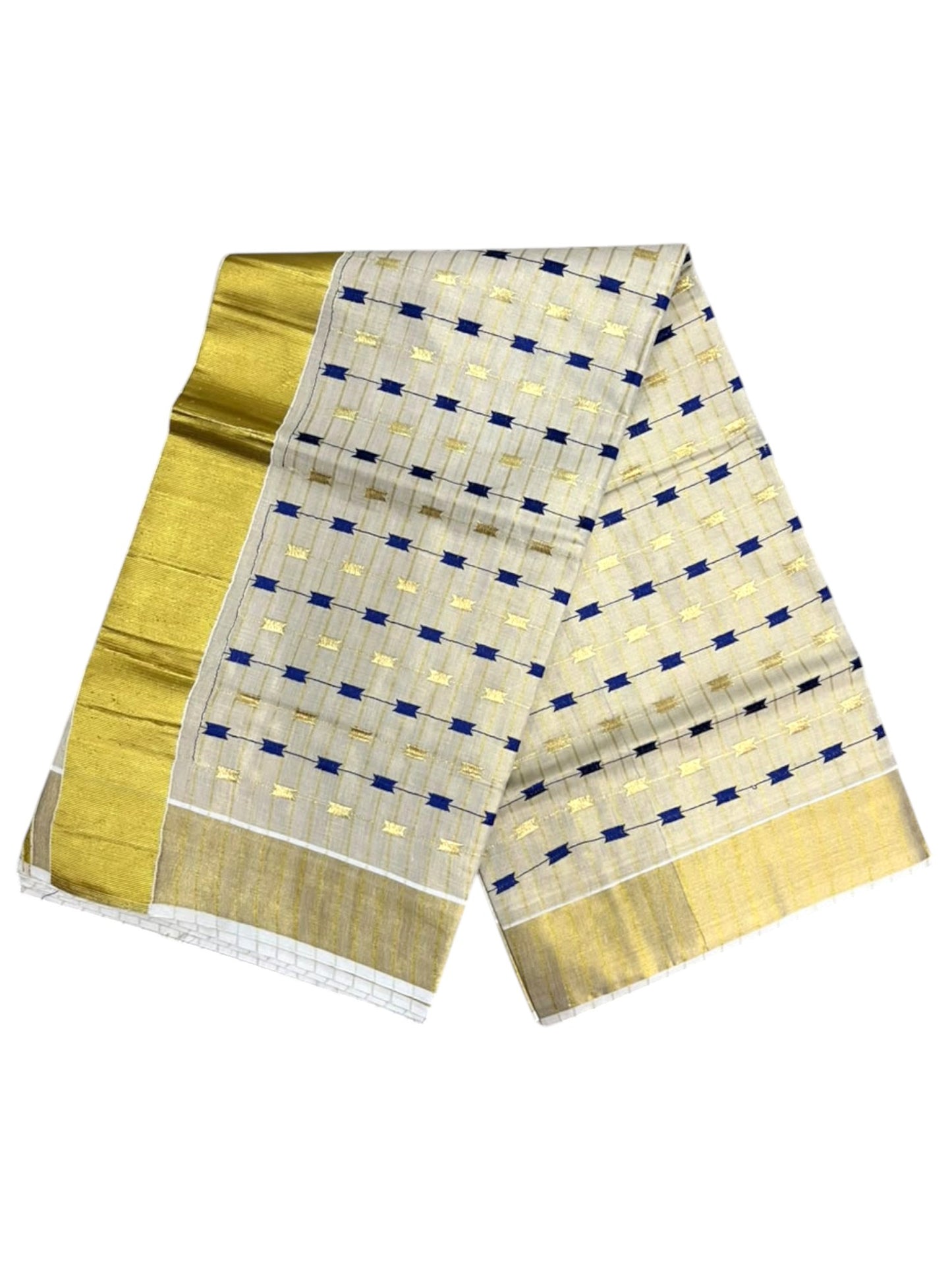 Southloom Tissue Kerala Kasavu Saree with Blue & Gold Embroidery Designs on Body