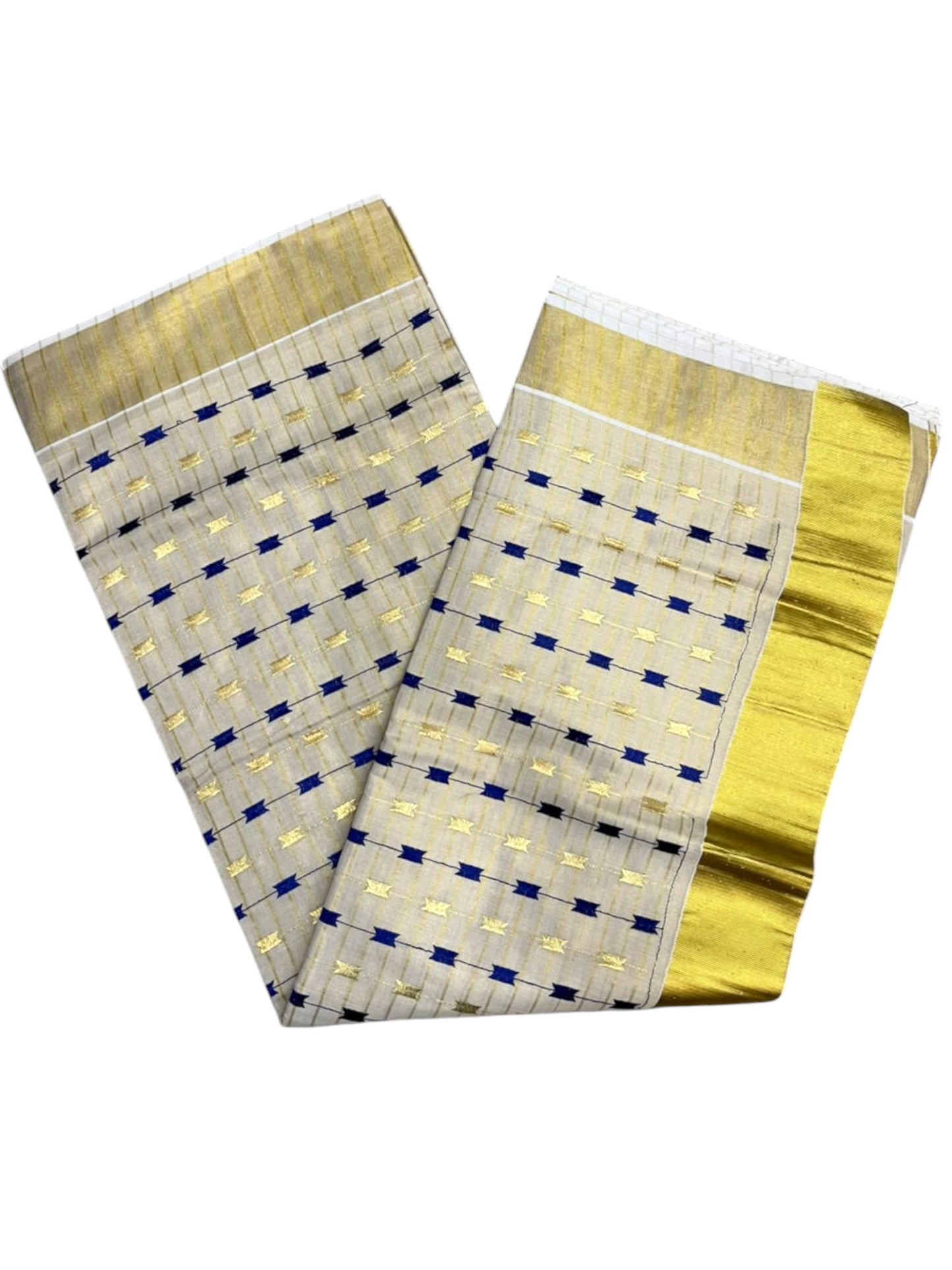 Southloom Tissue Kerala Kasavu Saree with Blue & Gold Embroidery Designs on Body