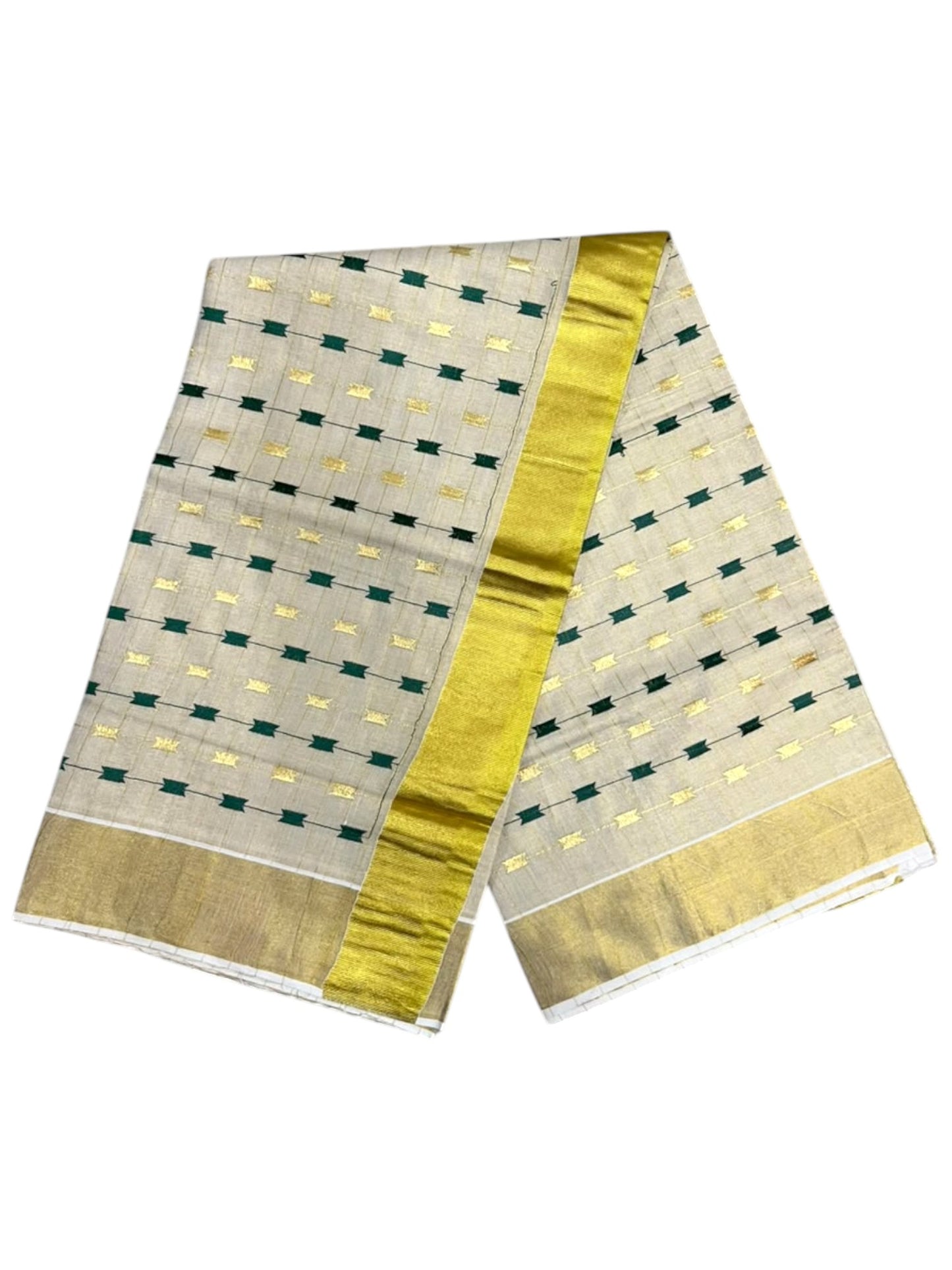Southloom Tissue Kerala Kasavu Saree with Green & Gold Embroidery Designs on Body