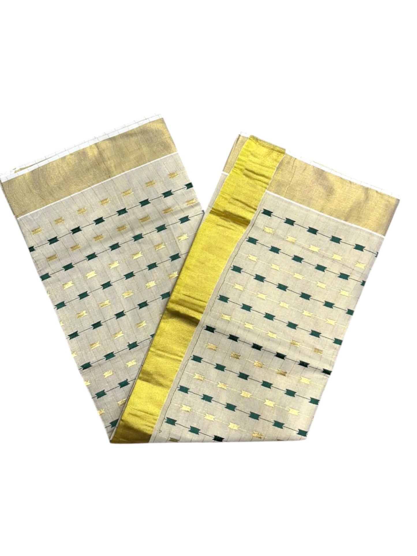 Southloom Tissue Kerala Kasavu Saree with Green & Gold Embroidery Designs on Body