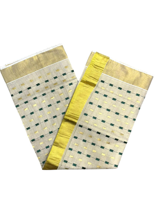 Southloom Tissue Kerala Kasavu Saree with Green & Gold Embroidery Designs on Body