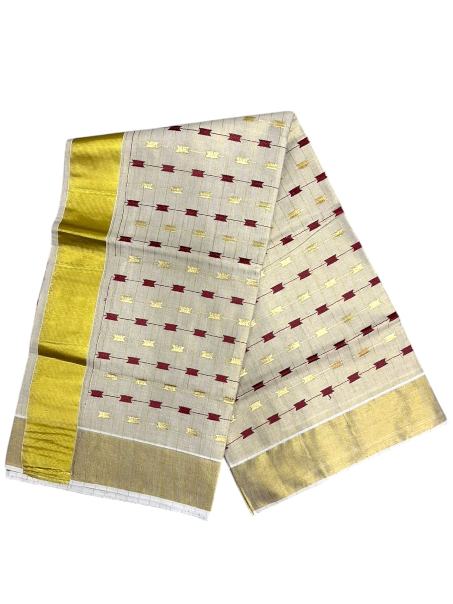 Southloom Tissue Kerala Kasavu Saree with Maroon& Gold Embroidery Designs on Body