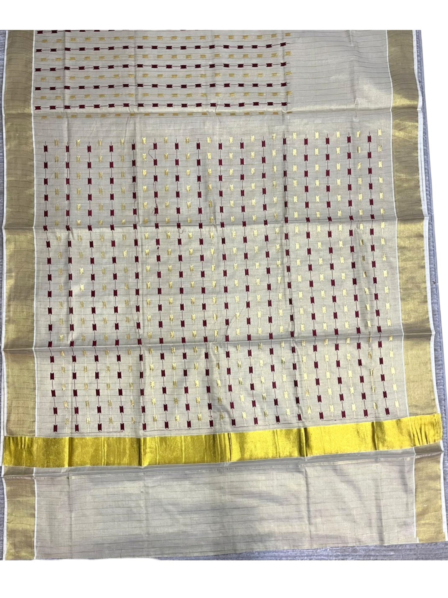 Southloom Tissue Kerala Kasavu Saree with Maroon& Gold Embroidery Designs on Body