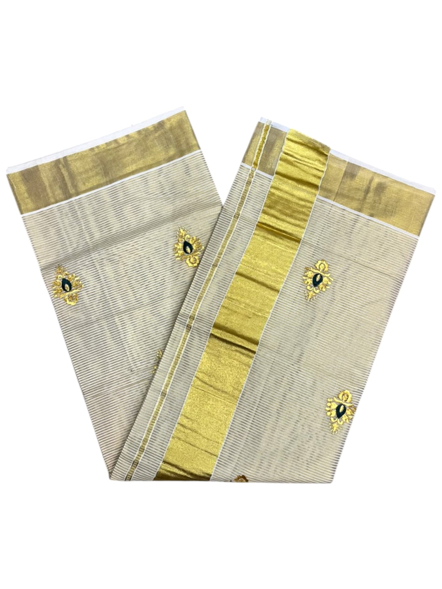 Southloom Tissue Kerala Kasavu Saree with Green & Gold Embroidery Designs on Body