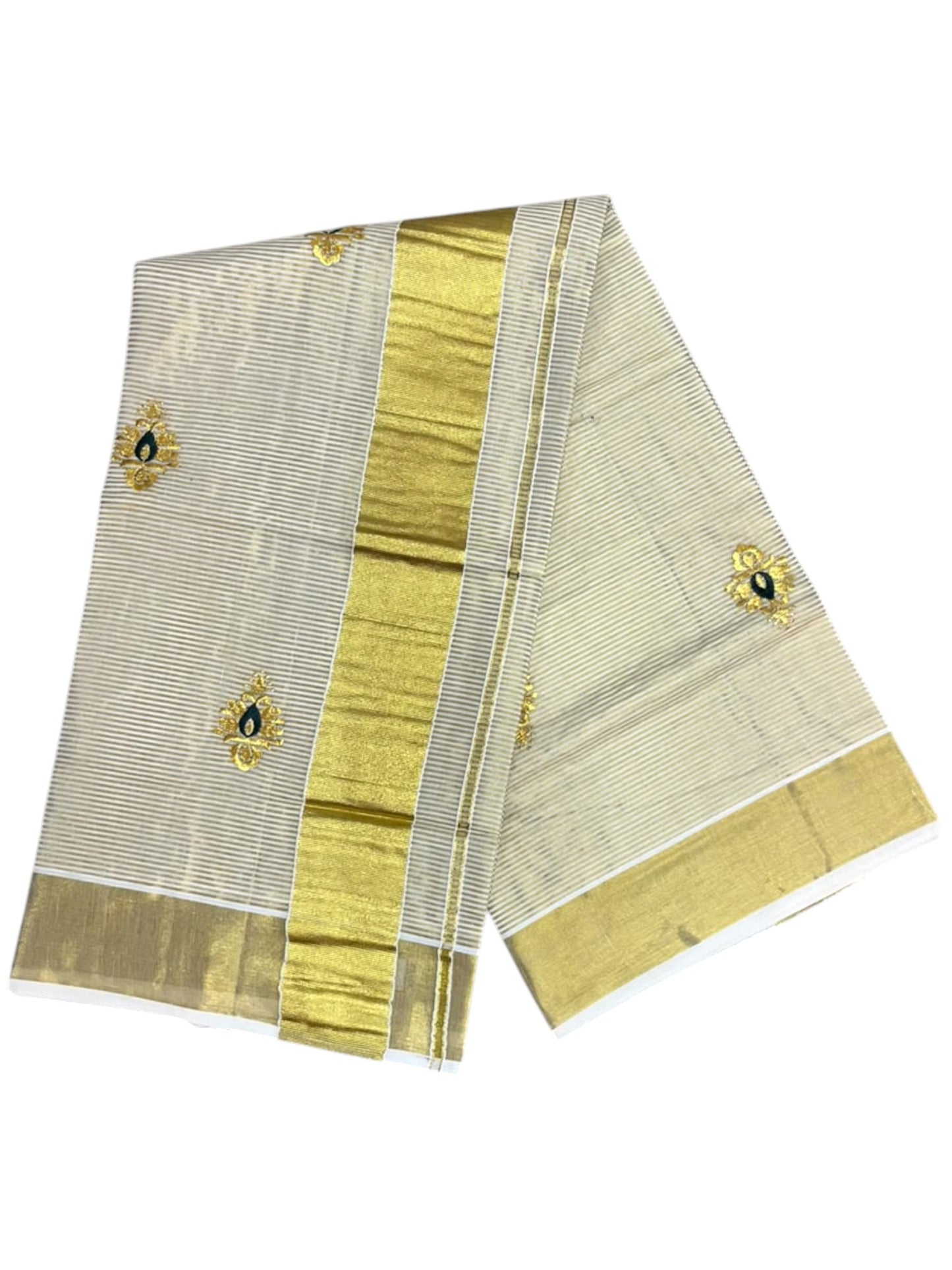 Southloom Tissue Kerala Kasavu Saree with Green & Gold Embroidery Designs on Body