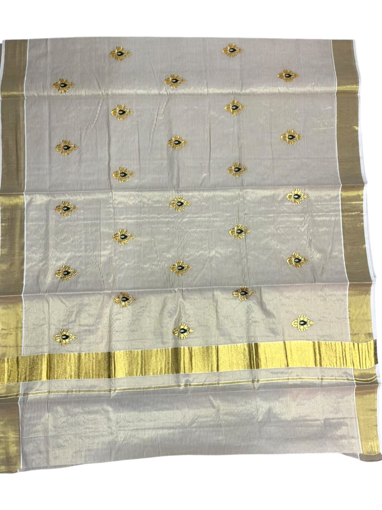 Southloom Tissue Kerala Kasavu Saree with Green & Gold Embroidery Designs on Body