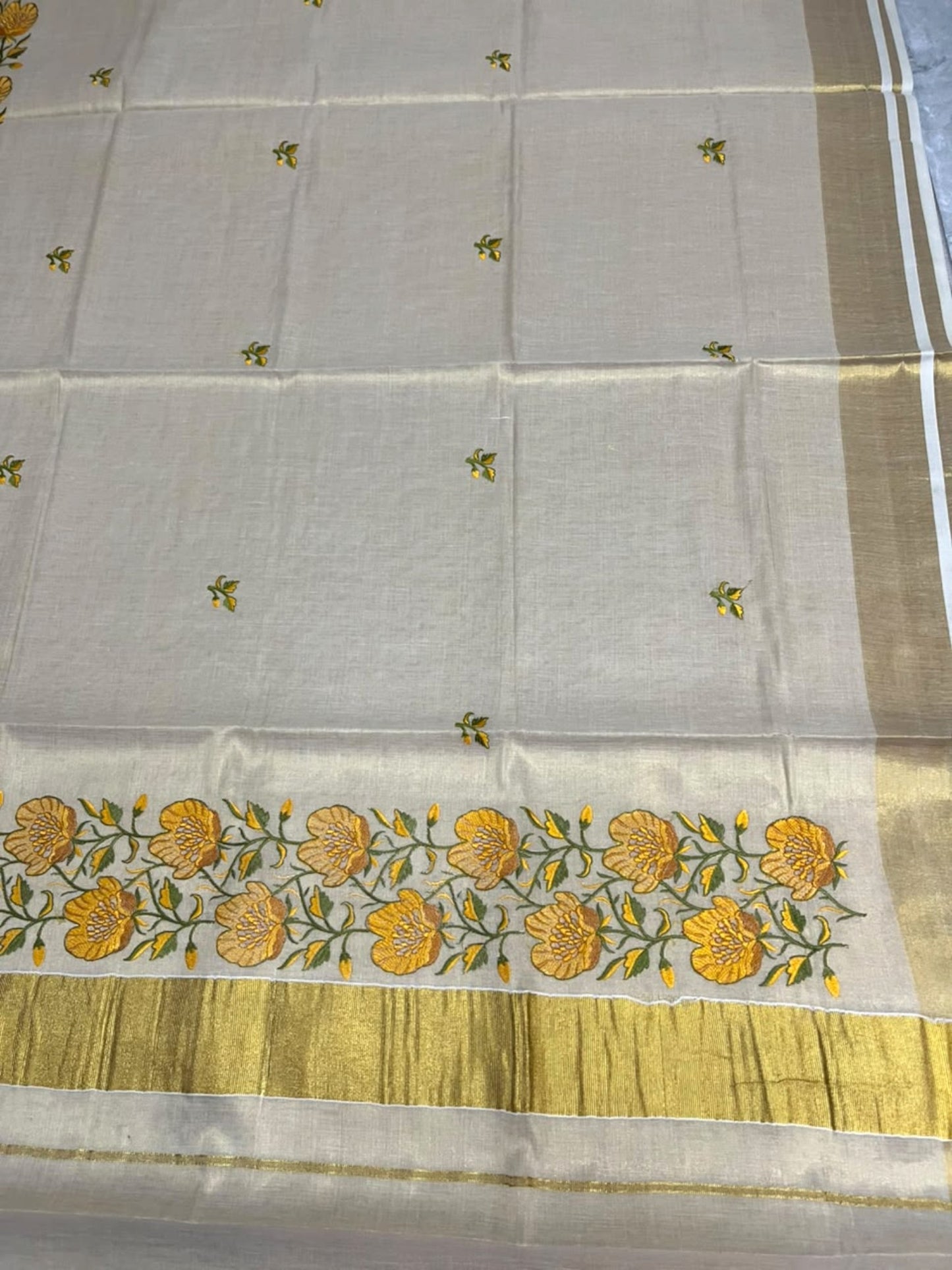 Southloom Tissue Kerala Kasavu Saree with Olive Green & Yellow Floral  Embroidery Designs on Body in Border