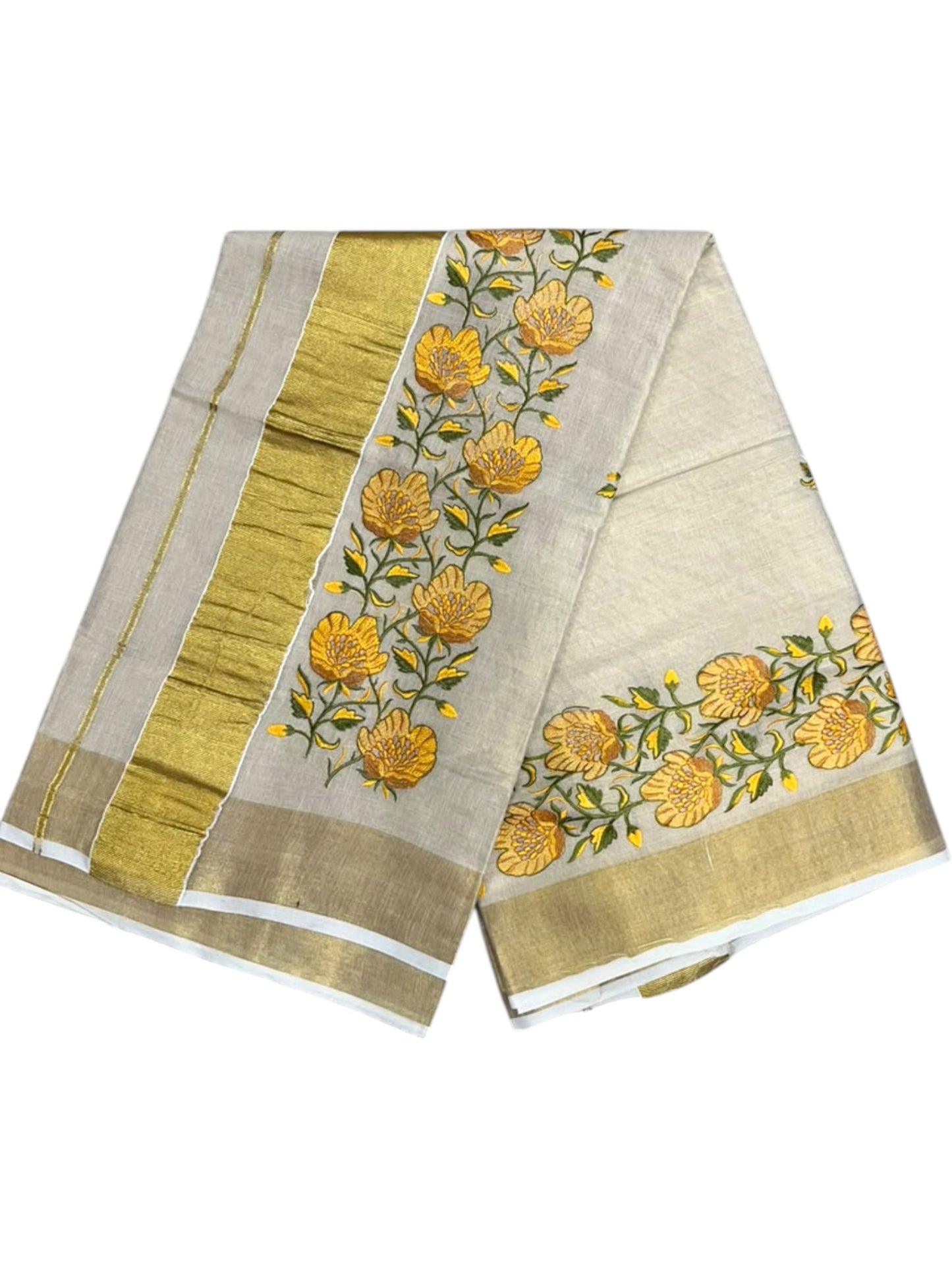 Southloom Tissue Kerala Kasavu Saree with Olive Green & Yellow Floral  Embroidery Designs on Body in Border