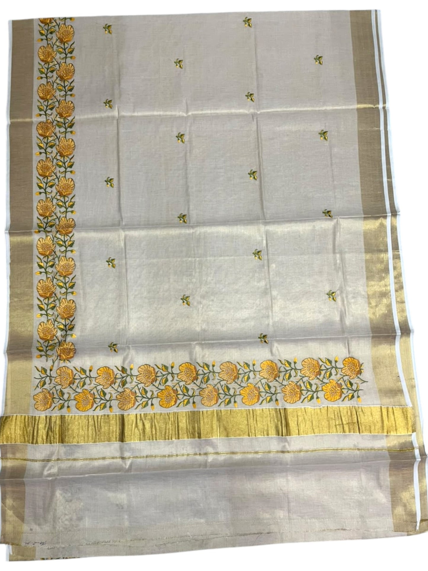 Southloom Tissue Kerala Kasavu Saree with Olive Green & Yellow Floral  Embroidery Designs on Body in Border