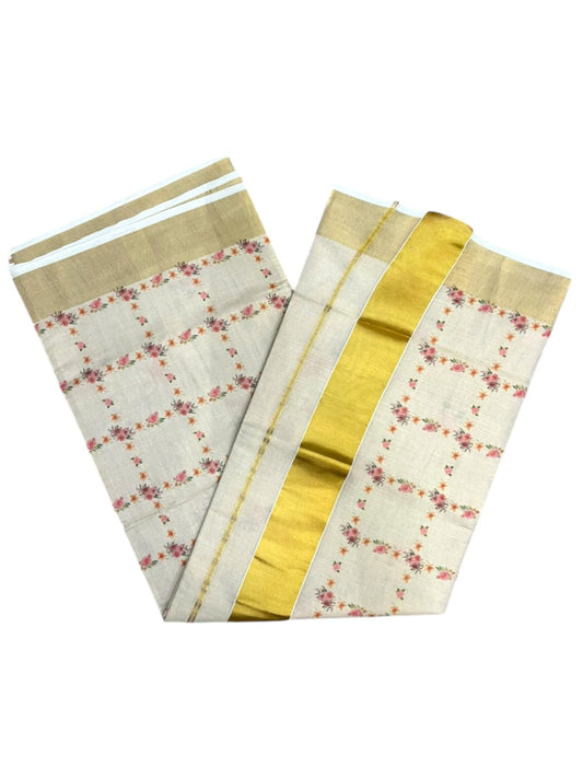 Southloom Tissue Kerala Kasavu Saree with Floral  Printed Designs on Body in Border