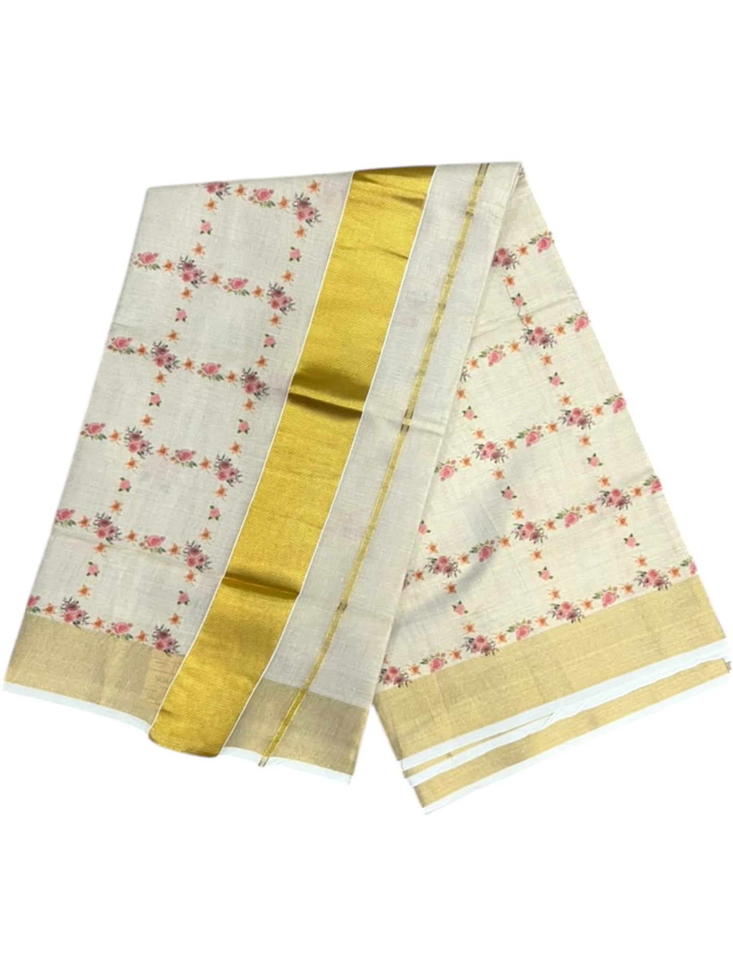 Southloom Tissue Kerala Kasavu Saree with Floral  Printed Designs on Body in Border