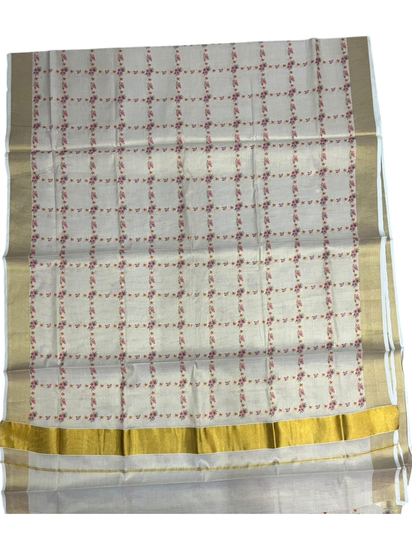 Southloom Tissue Kerala Kasavu Saree with Floral  Printed Designs on Body in Border