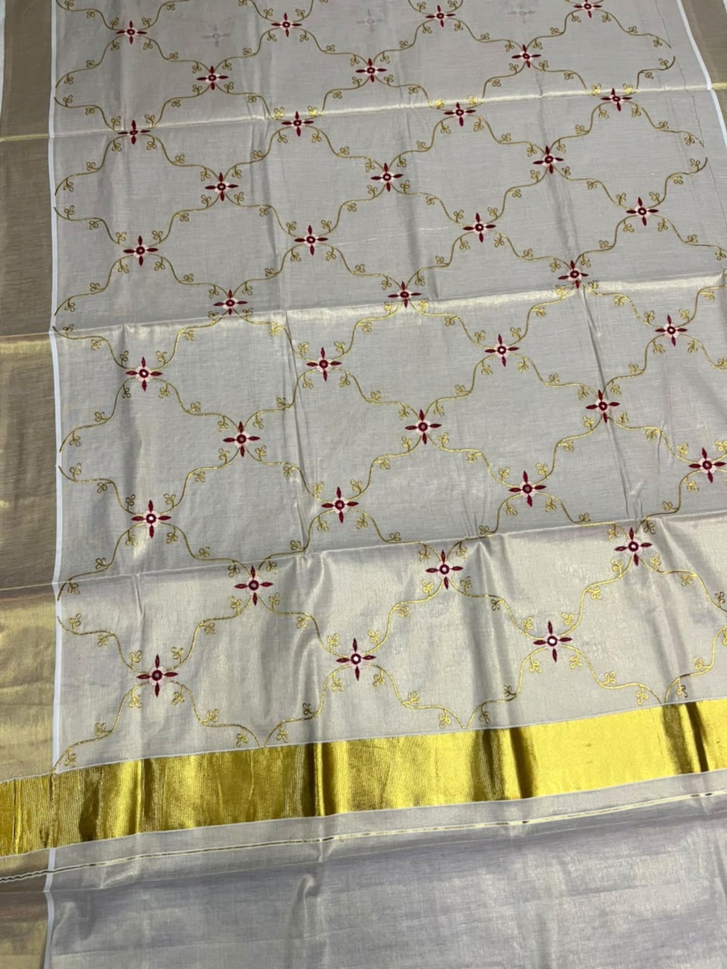 Southloom Tissue Kerala Kasavu Plain Saree with  Embroidery Designs on Body