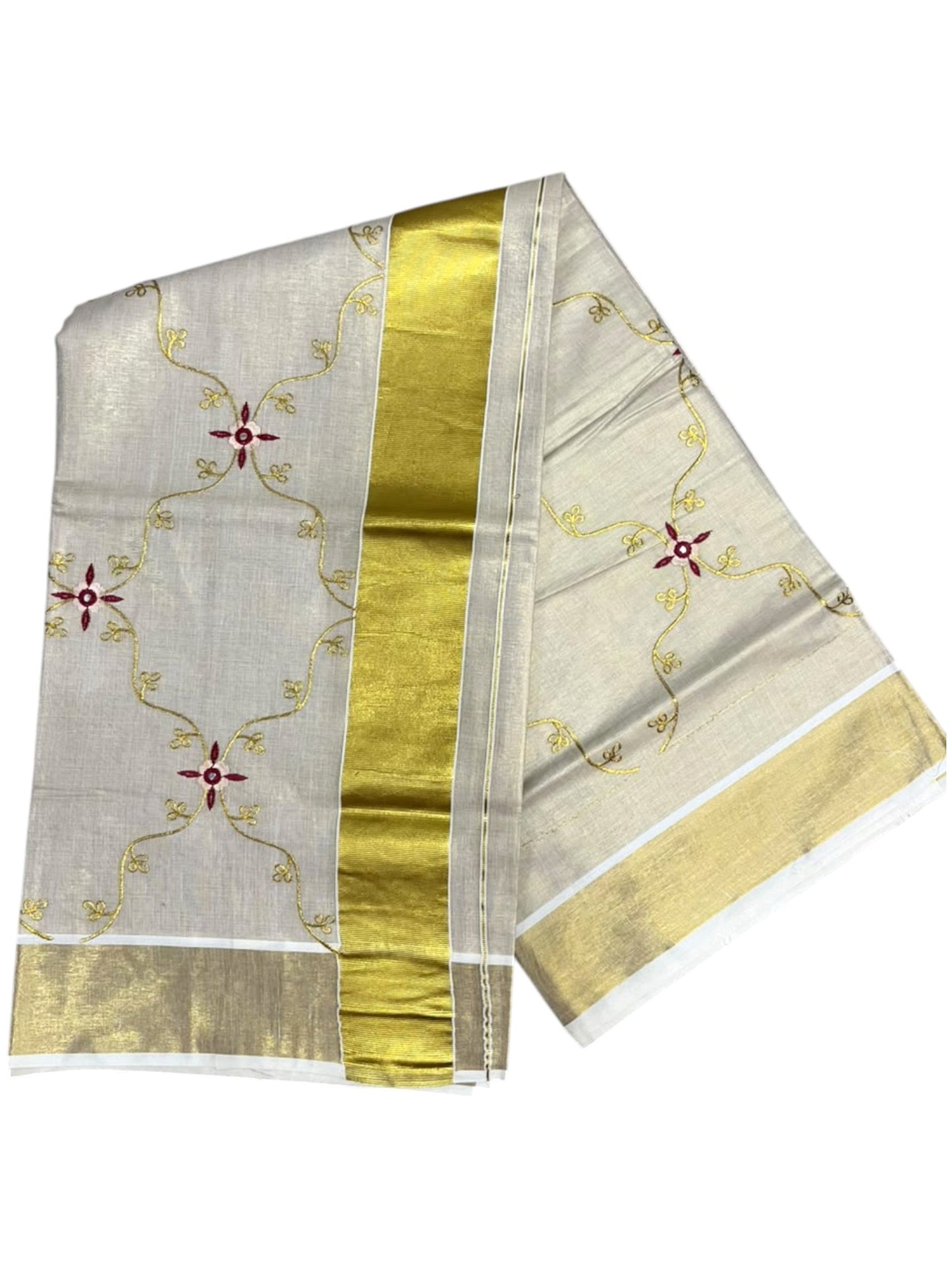 Southloom Tissue Kerala Kasavu Plain Saree with  Embroidery Designs on Body