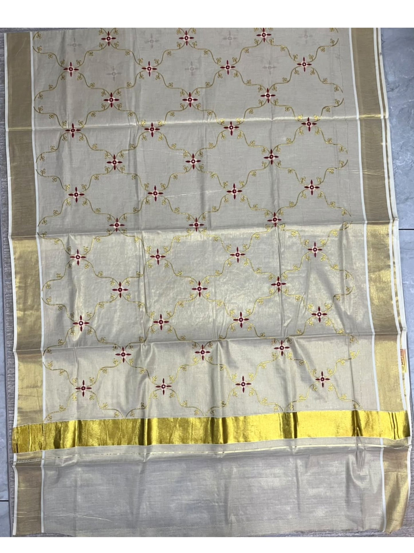 Southloom Tissue Kerala Kasavu Plain Saree with  Embroidery Designs on Body