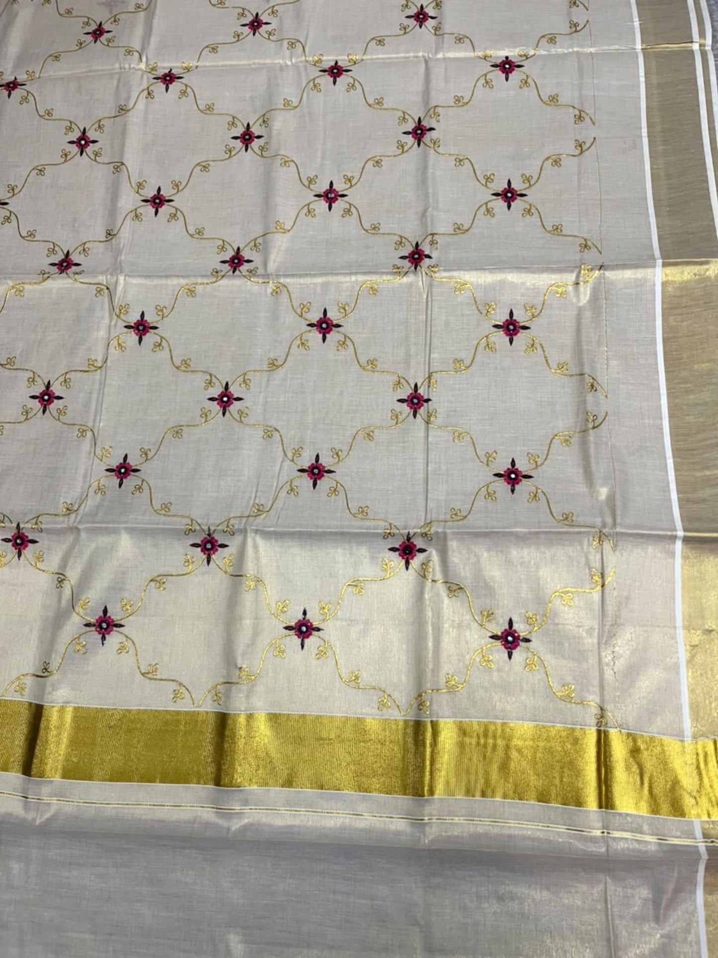 Southloom Tissue Kerala Kasavu Plain Saree with  Embroidery Designs on Body