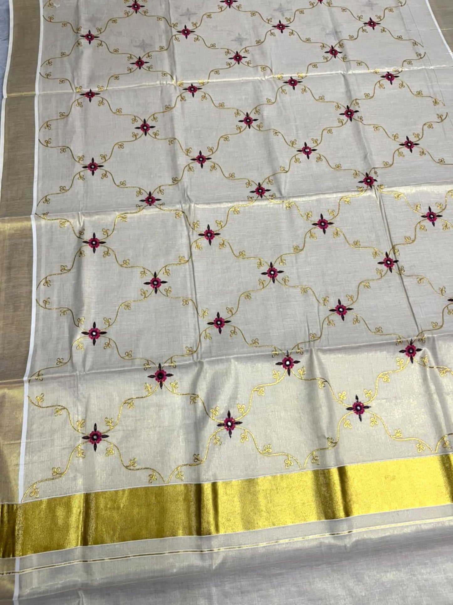 Southloom Tissue Kerala Kasavu Plain Saree with  Embroidery Designs on Body