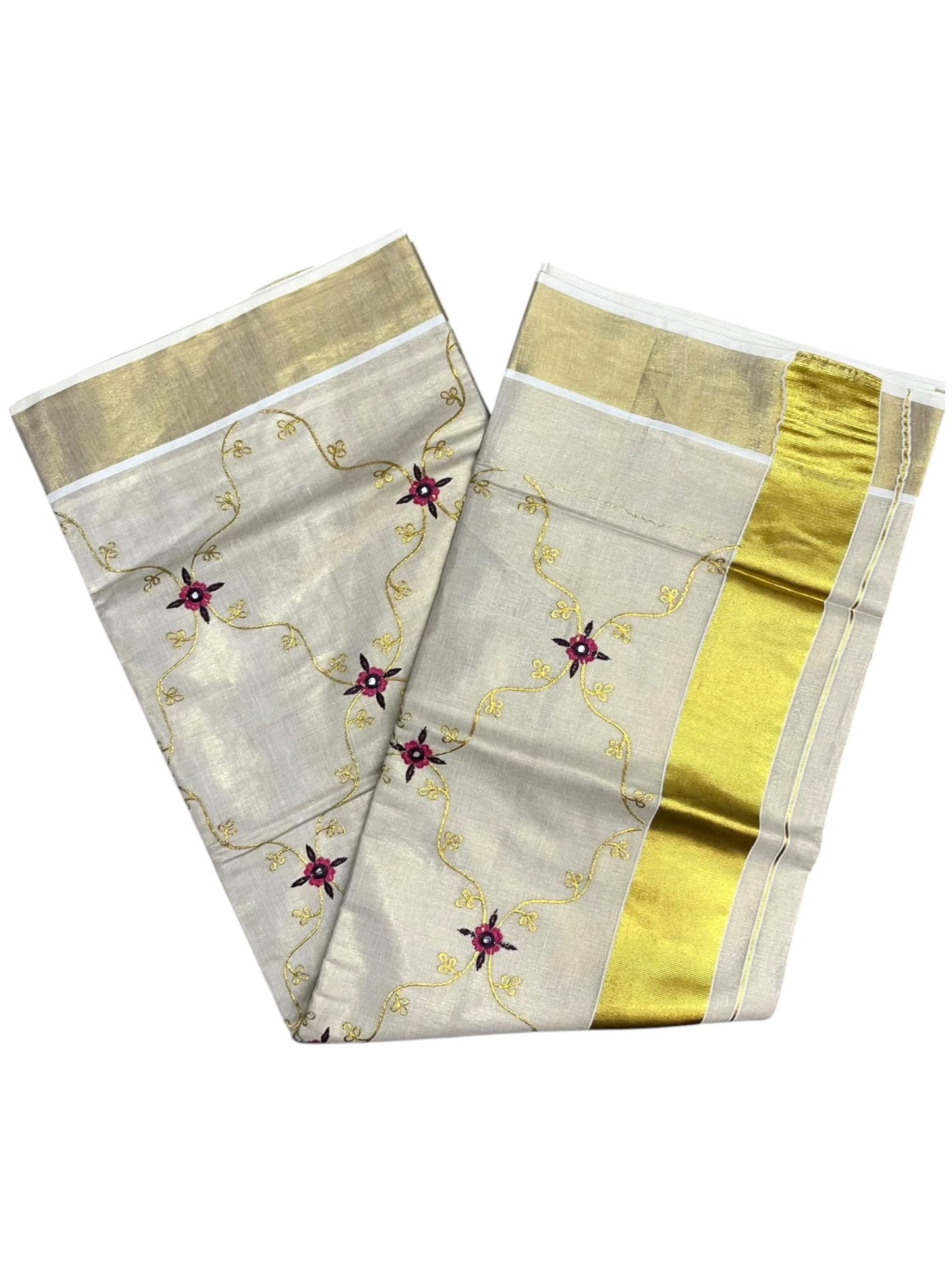 Southloom Tissue Kerala Kasavu Plain Saree with  Embroidery Designs on Body