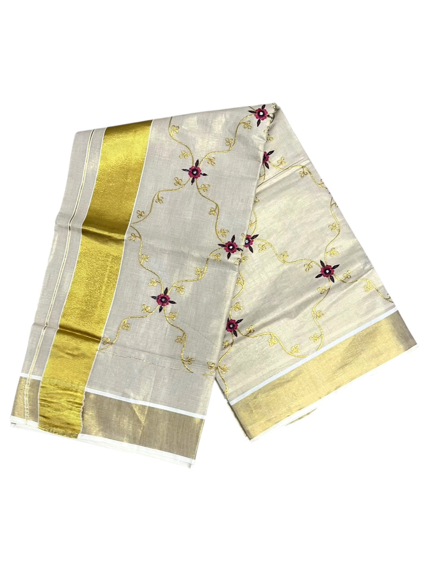 Southloom Tissue Kerala Kasavu Plain Saree with  Embroidery Designs on Body