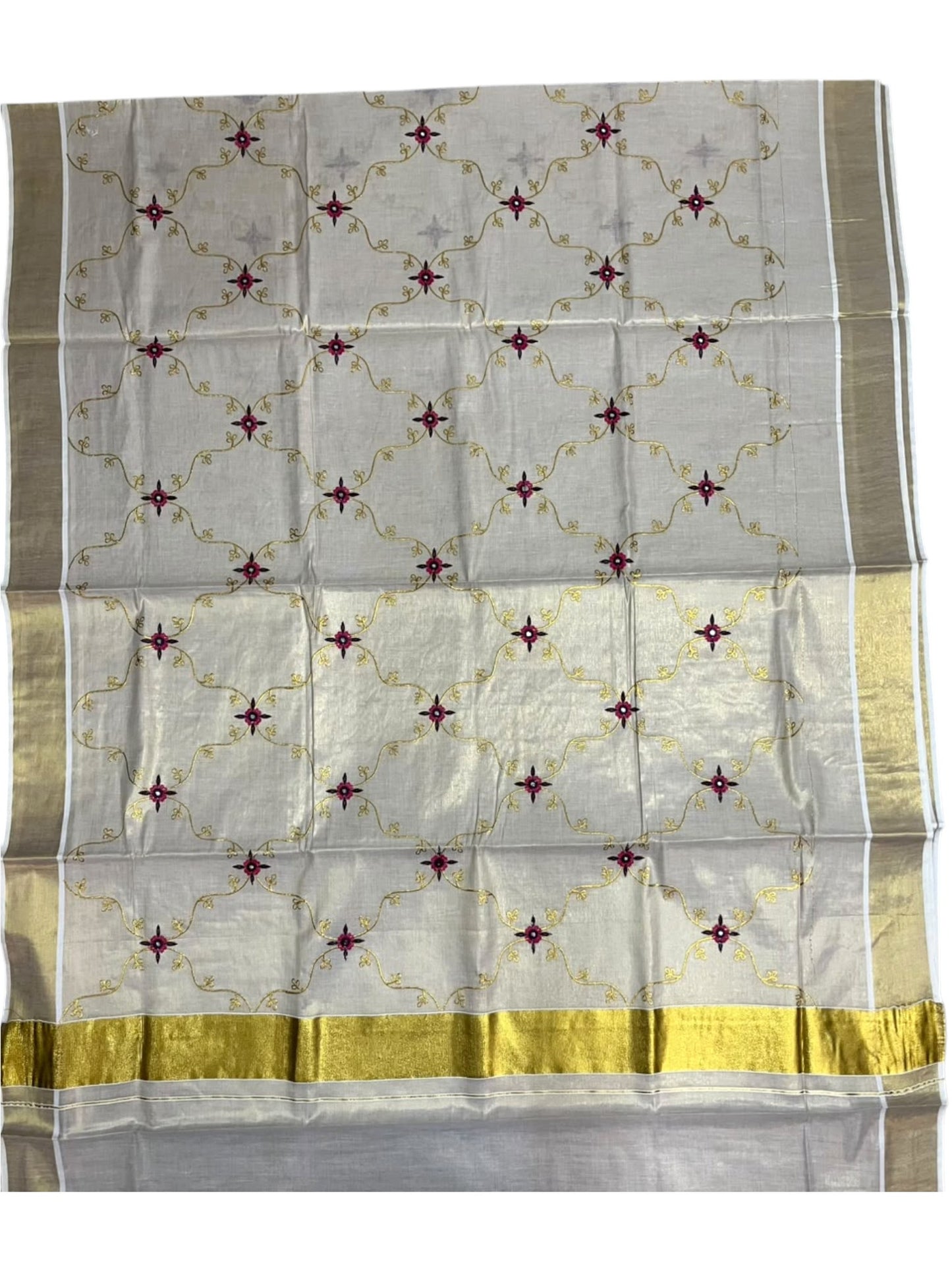 Southloom Tissue Kerala Kasavu Plain Saree with  Embroidery Designs on Body