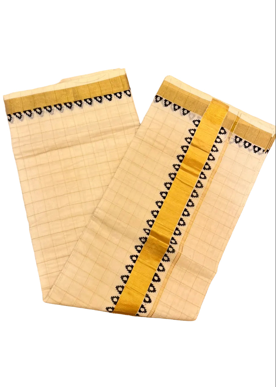 Southloom Kerala Kasavu Cotton Check Saree With Black Print