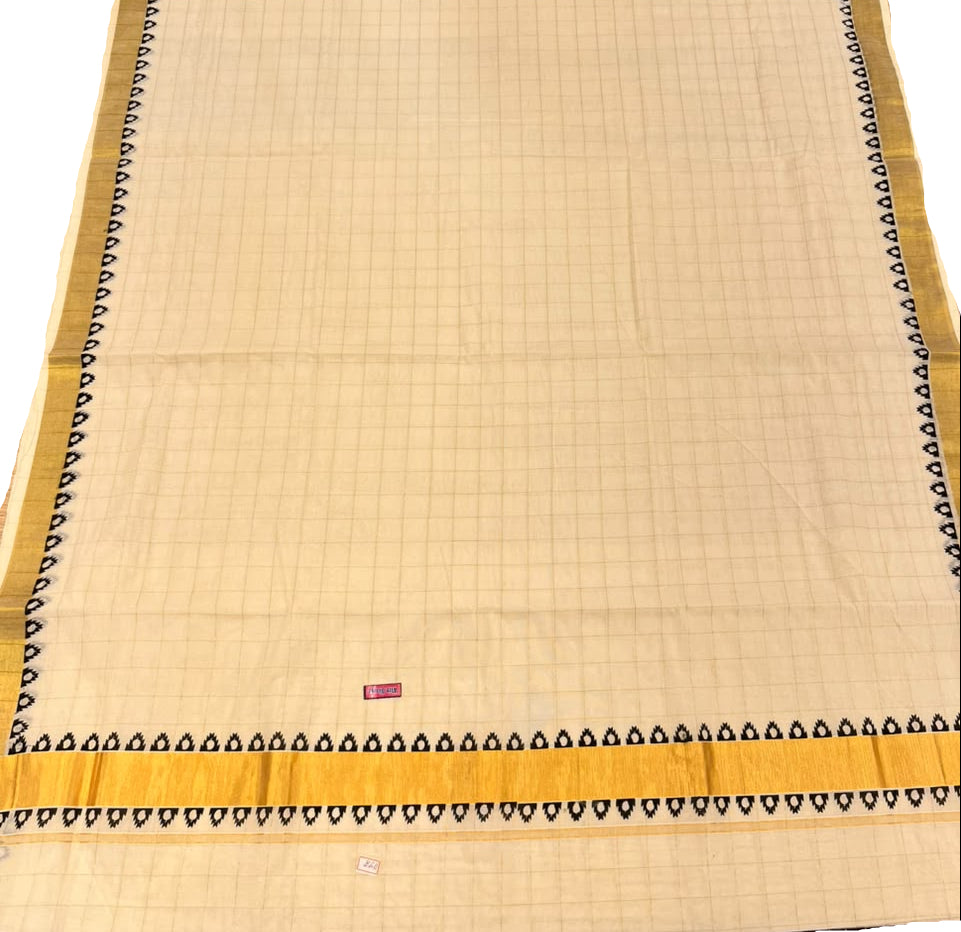 Southloom Kerala Kasavu Cotton Check Saree With Black Print