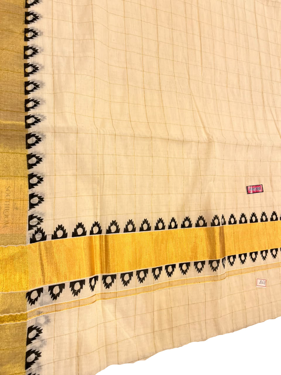 Southloom Kerala Kasavu Cotton Check Saree With Black Print