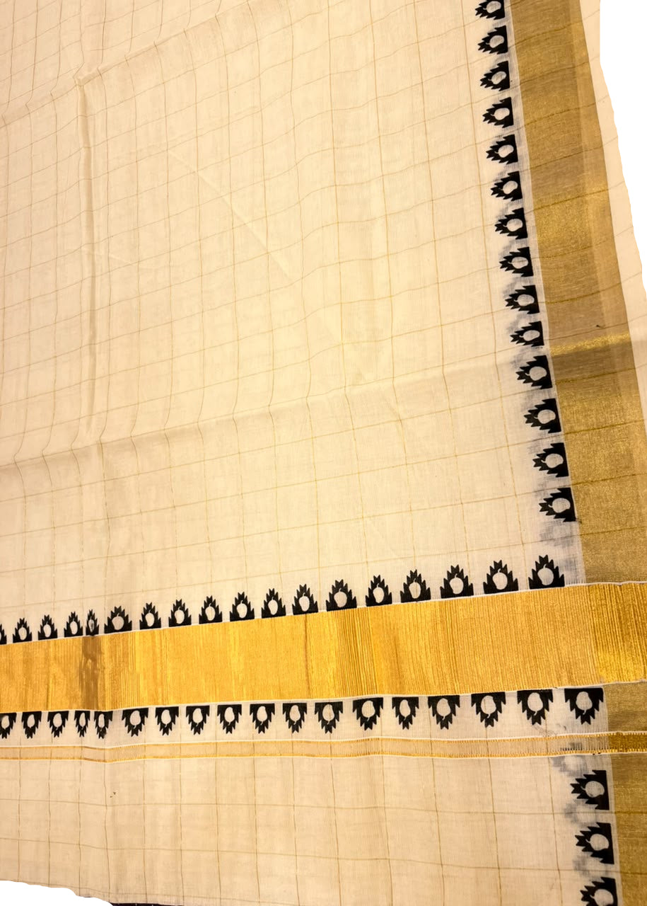 Southloom Kerala Kasavu Cotton Check Saree With Black Print