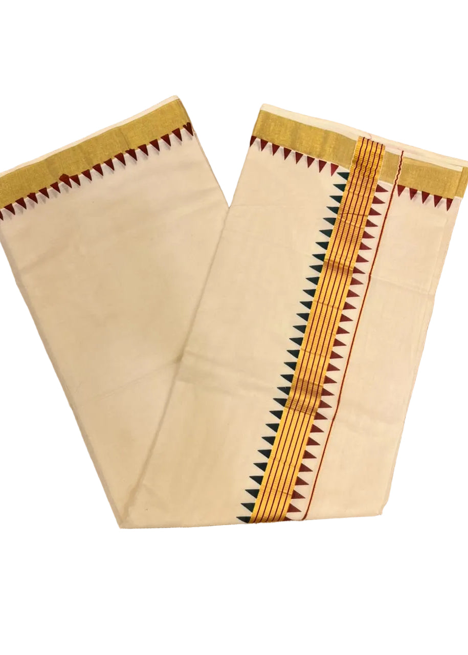 Southloom Kerala Kasavu Cotton Saree with Maroon & Green Multi-Border
