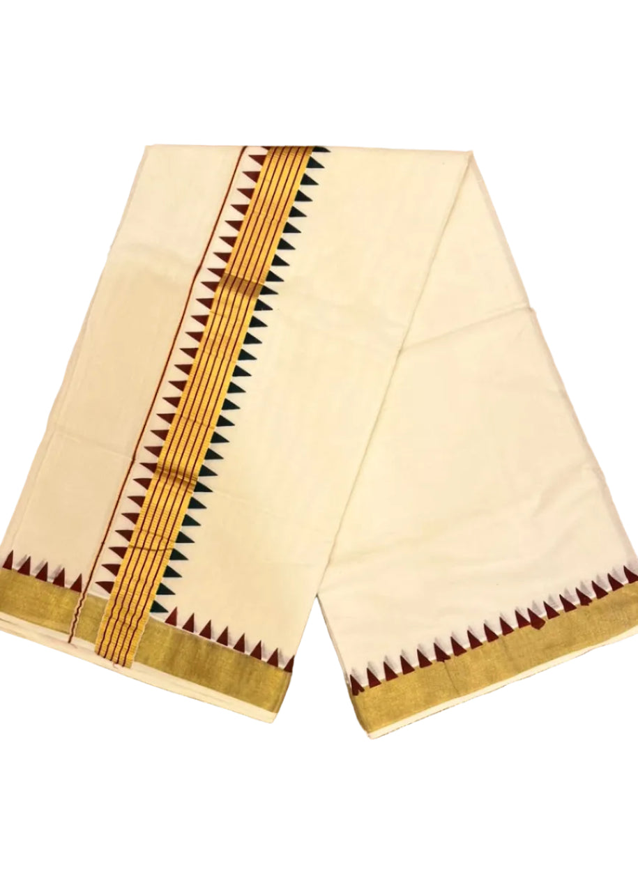 Southloom Kerala Kasavu Cotton Saree with Maroon & Green Multi-Border
