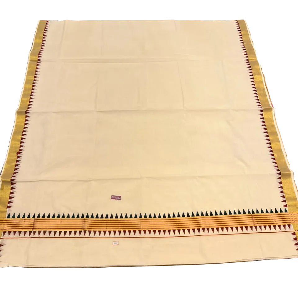 Southloom Kerala Kasavu Cotton Saree with Maroon & Green Multi-Border