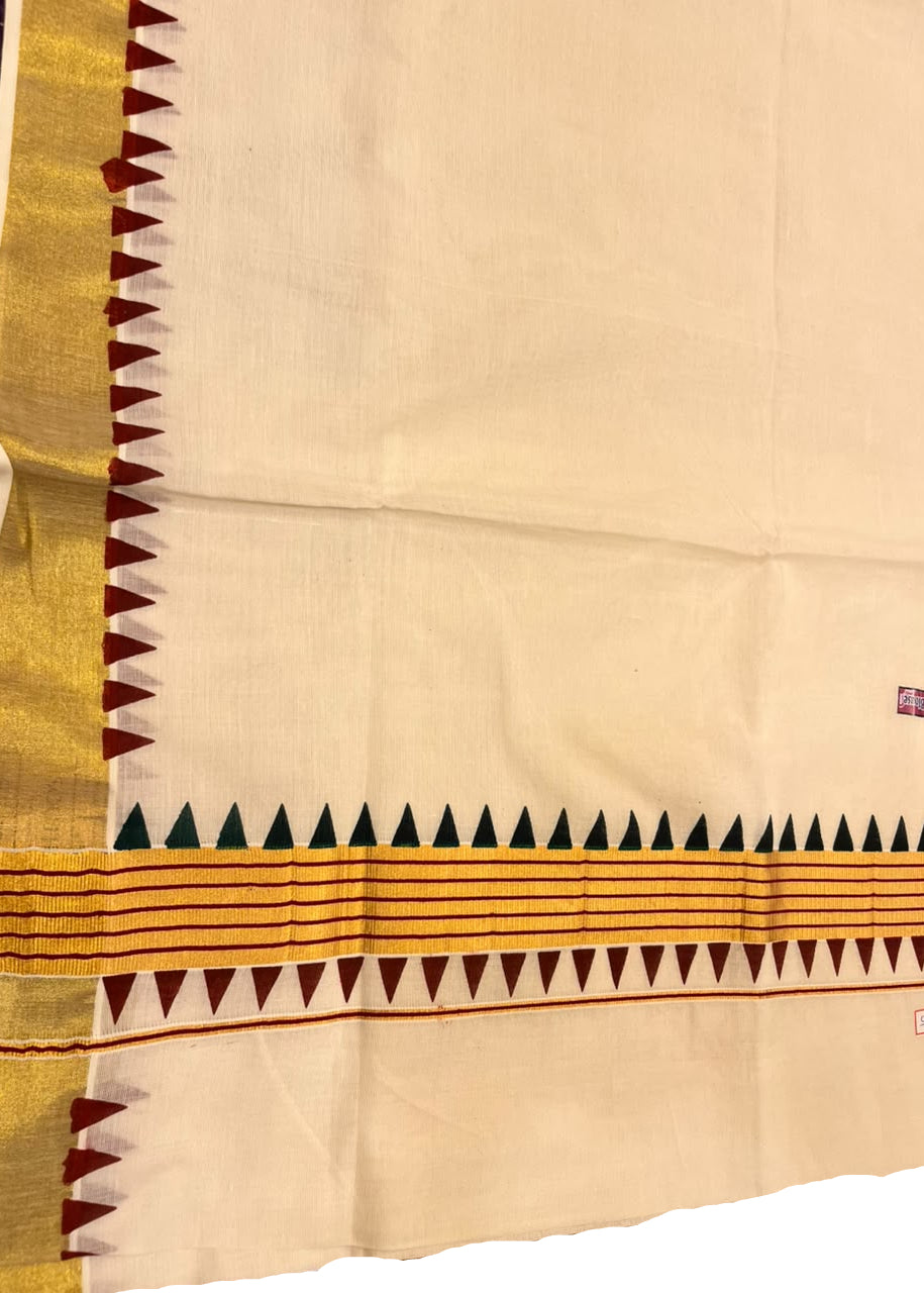 Southloom Kerala Kasavu Cotton Saree with Maroon & Green Multi-Border