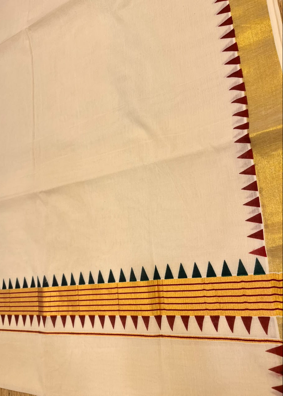 Southloom Kerala Kasavu Cotton Saree with Maroon & Green Multi-Border