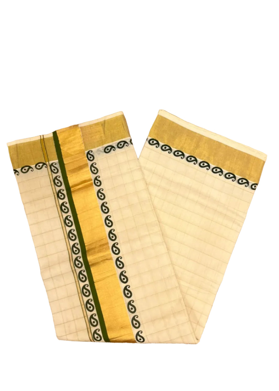 Southloom Kerala Kasavu Cotton Check Saree With Dark Green