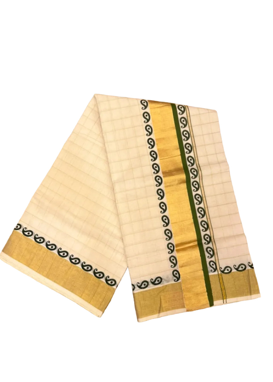 Southloom Kerala Kasavu Cotton Check Saree With Dark Green