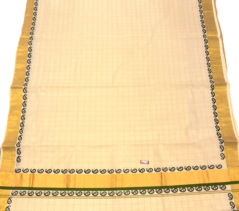 Southloom Kerala Kasavu Cotton Check Saree With Dark Green