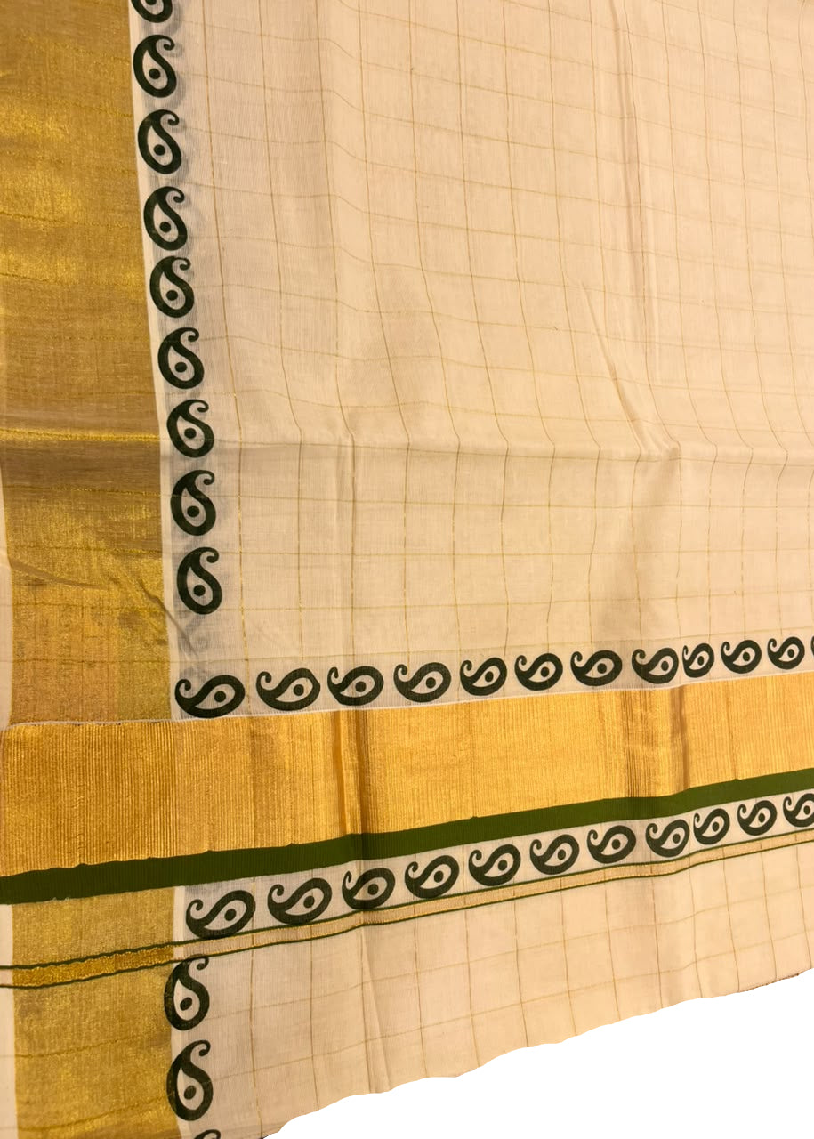 Southloom Kerala Kasavu Cotton Check Saree With Dark Green