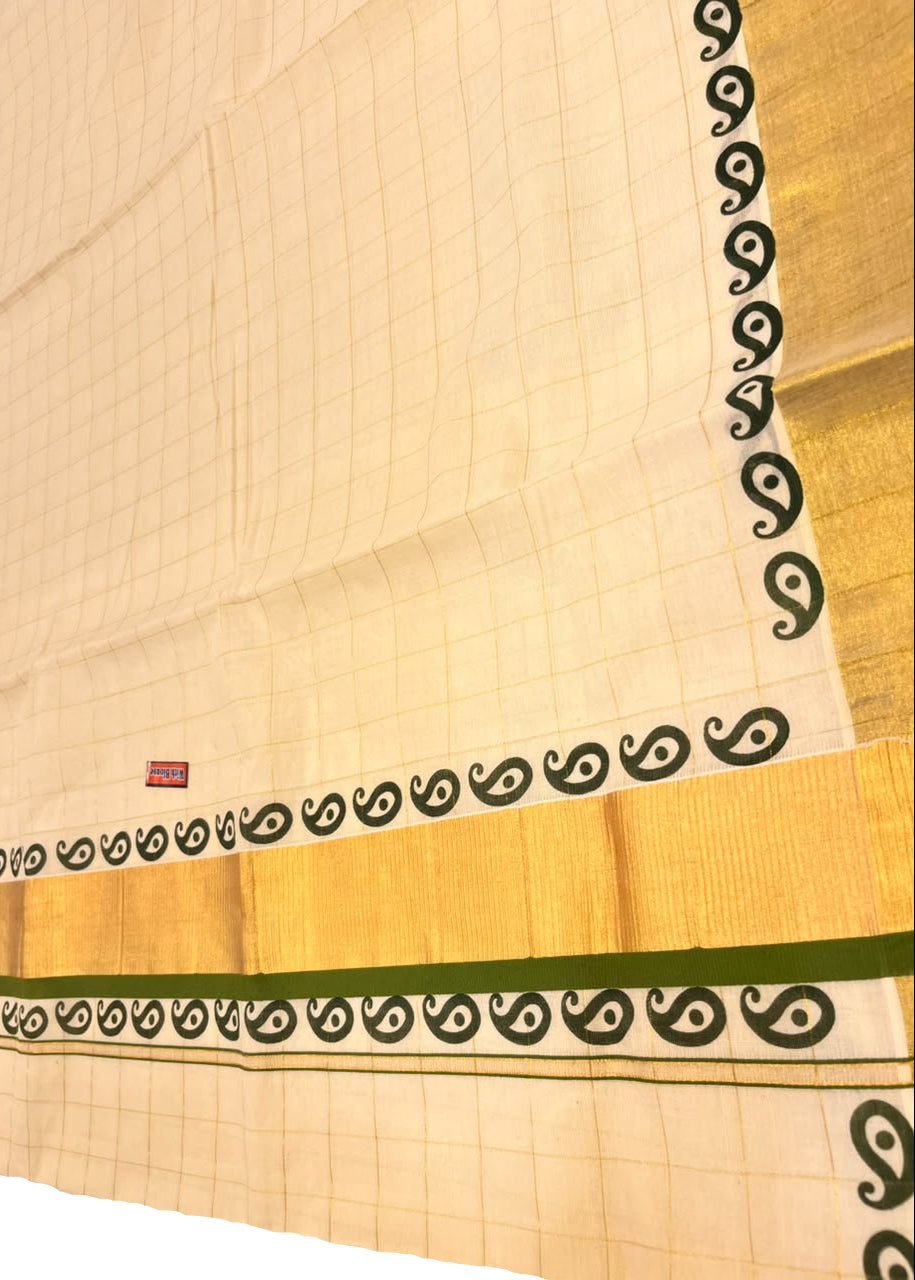 Southloom Kerala Kasavu Cotton Check Saree With Dark Green