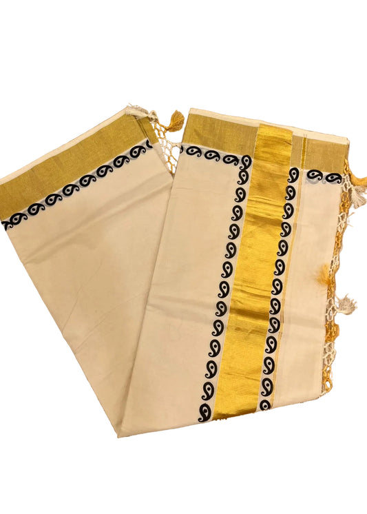 Southloom Kerala Kasavu Cotton Saree With Broad Golden Zari & Black