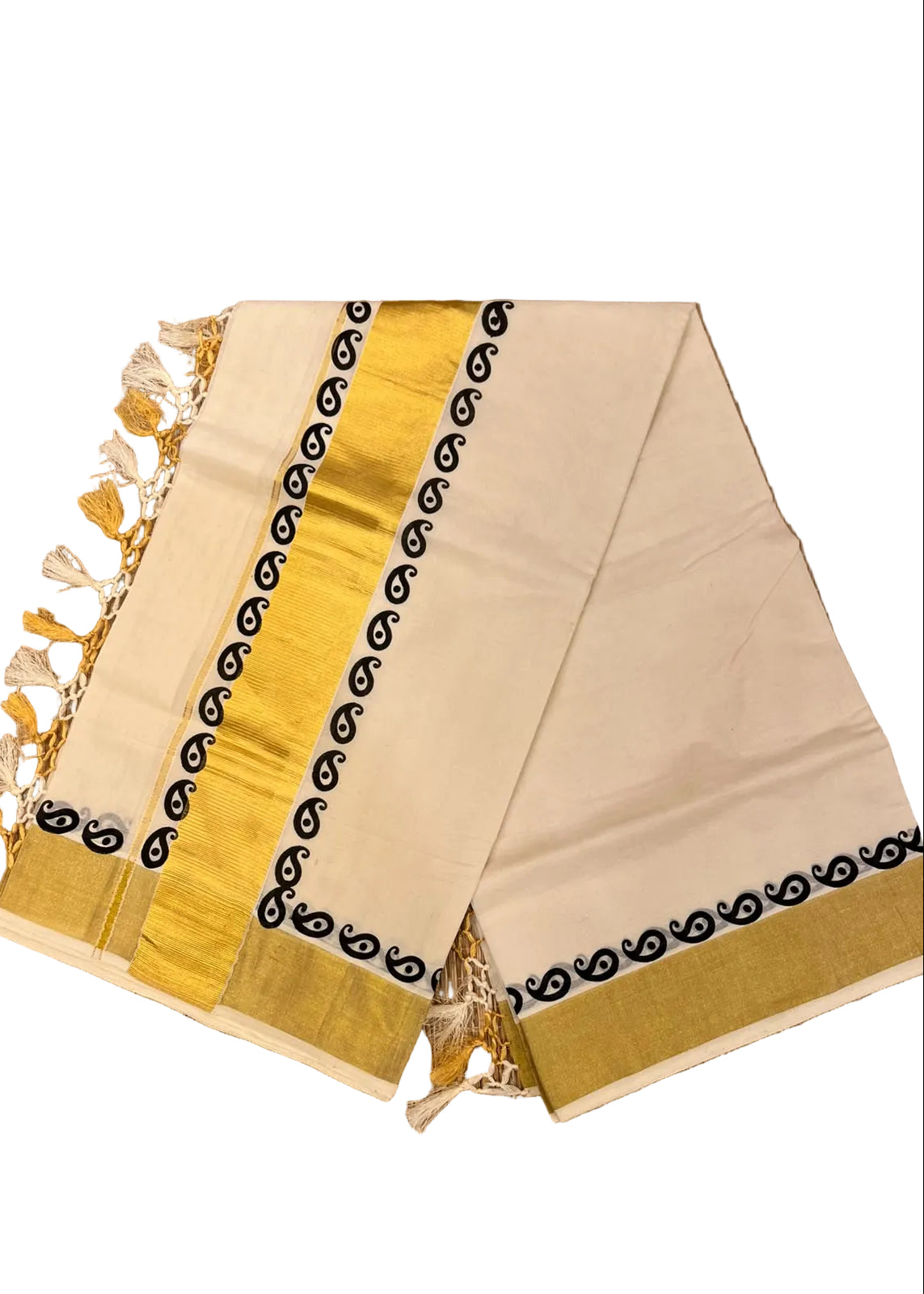Southloom Kerala Kasavu Cotton Saree With Broad Golden Zari & Black