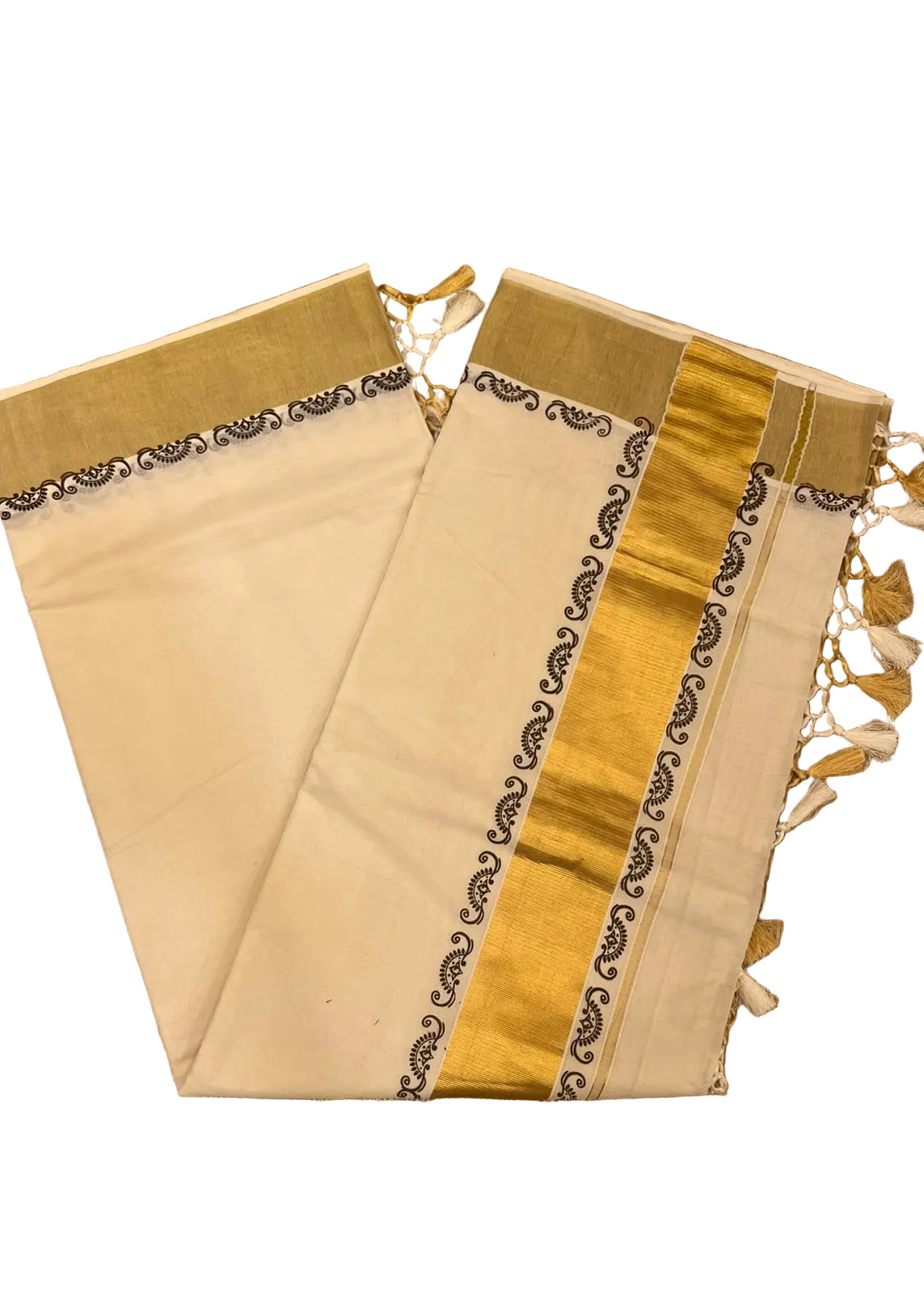 Southloom Kerala Kasavu Cotton Saree with Broad Golden Zari & Brown Print
