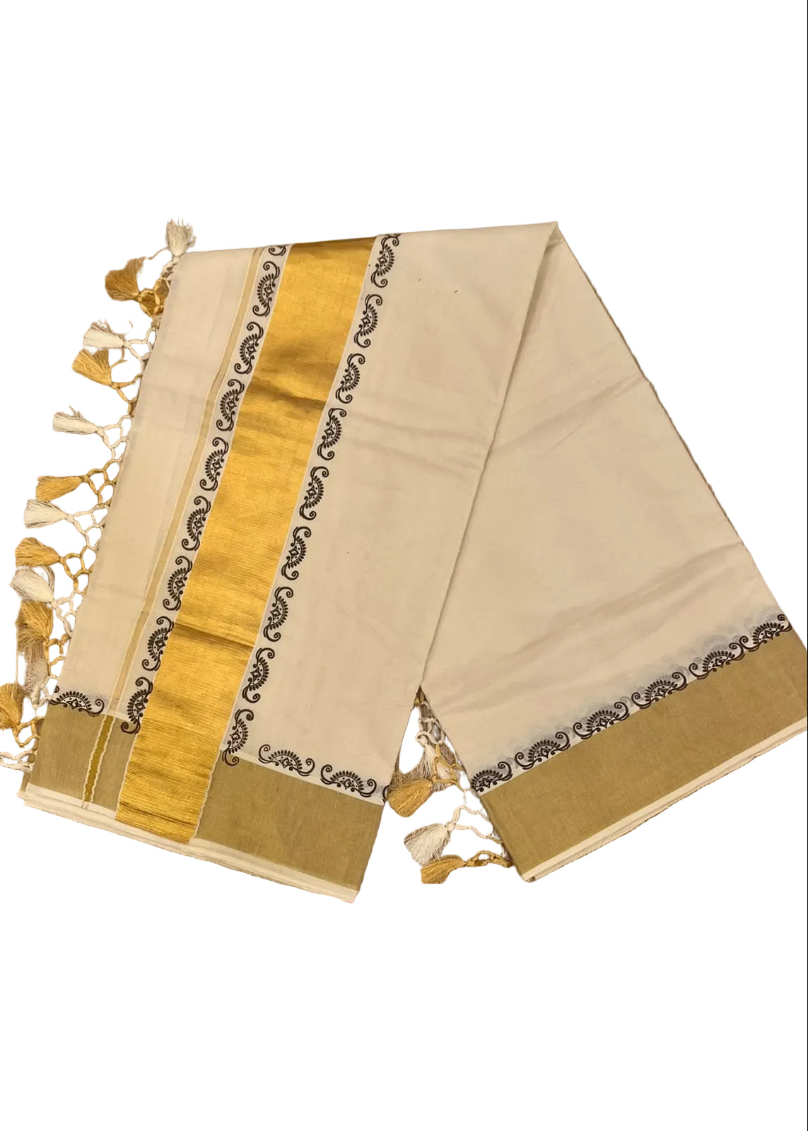 Southloom Kerala Kasavu Cotton Saree with Broad Golden Zari & Brown Print