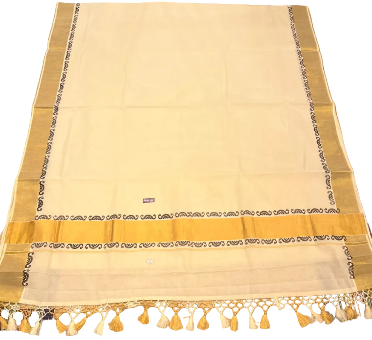 Southloom Kerala Kasavu Cotton Saree with Broad Golden Zari & Brown Print